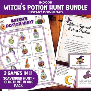 Può includere: Un Witch's Potion Hunt Bundle, un download immediato, con due giochi in uno. Il bundle include una caccia al tesoro e una caccia agli indizi, con illustrazioni colorate di ingredienti per pozioni e un certificato per un apprendista ufficiale.