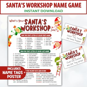 Op de afbeelding: Een afdrukbare Santa's Workshop Name Game poster met functietitels en naamlabels. De poster heeft een feestelijk ontwerp met illustraties van elfen en de kerstman, perfect voor de feestdagen. Bevat een lijst met functietitels op basis van de eerste letter van je naam.