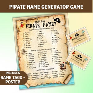 Gioco per bambini con il nome di un pirata, attività divertente con generatore di nomi, etichette con nomi divertenti da stampare sui pirati, download istantaneo per feste di compleanno