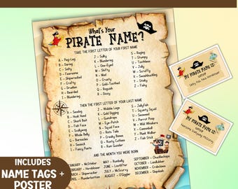 Qual é o seu nome de pirata? Jogo de festa para crianças, atividade divertida de gerador de nomes, etiquetas de nomes engraçadas de pirata para impressão, download instantâneo de festa de aniversário