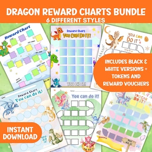 May include: A bundle of six colorful dragon-themed reward charts. Each chart features a different design with spaces for tracking progress and the text "You Can Do It!" and "You Did It!". Includes black & white versions, tokens, and reward vouchers.