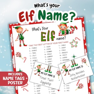 May include: A What's Your Elf Name game poster featuring red and green text, illustrations of elves, and candy canes. The poster includes a letter-to-name chart and two rectangular name tags with the printed text My Elf Name Is.