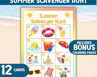 Summer Scavenger Hunt, Vacation Indoor or Outdoor Activity, Kids Travel Pack, Birthday Party Game