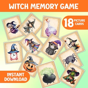 Puede incluir: Un juego de memoria de brujas con 18 cartas ilustradas. Las cartas presentan ilustraciones de brujas, un gato negro, una calabaza, una araña, una botella de poción y un caldero burbujeante. Se muestran las palabras "Witch Memory Game" e "Instant Download".