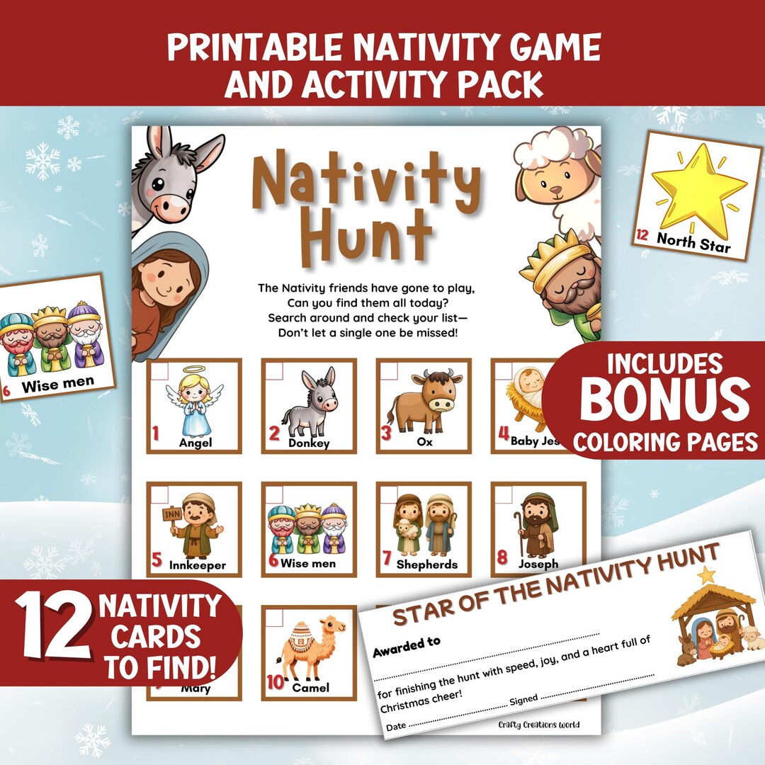 Nativity Hunt Party Game Printable, Christmas Scavenger Hunt for Kids ...