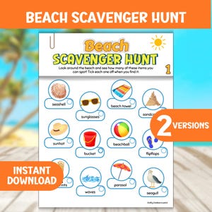 Caça ao tesouro na praia para imprimir para crianças, atividade para férias de verão, jogo de rastreamento e lista de verificação, jogo para festas ao ar livre, jogo de busca e descoberta nas férias de verão
