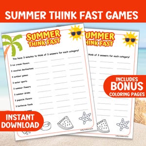 May include: Two white printable game sheets with red borders. The top sheet has the text "SUMMER THINK FAST" and a palm tree graphic. The bottom sheet has the text "INSTANT DOWNLOAD". The right sheet has the text "INCLUDES BONUS COLORING PAGES".