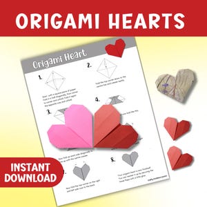 Istruzioni stampabili per origami a forma di cuore, download di lavoretti per San Valentino, guida alla piegatura della carta Loveheart, foglio di lavoro per la creazione di modelli di cuori facili