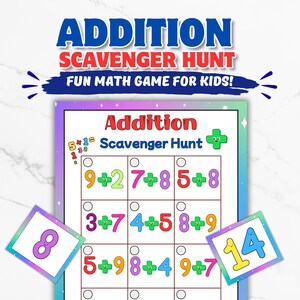 May include: An educational game for children, titled "Addition Scavenger Hunt". The game features addition sums with answer cards. The text "FUN MATH GAME FOR KIDS!" is displayed above the game board. The game board has a purple and green border.