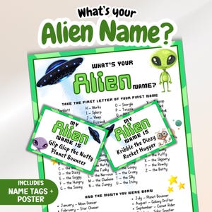 What's Your Alien Name Game For Kids, Birthday Party Space Alias Generator, Printable  Outer Space Name Tags Activity, UFO Name Game