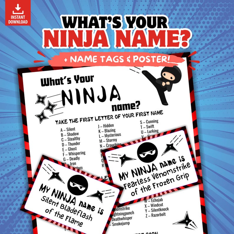 Whats Your Ninja Name Party Game for Kids, Fantasy Label Generator ...