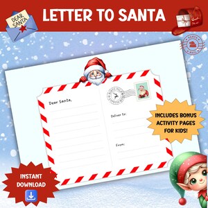 Carta a Papá Noel para imprimir, actividad de escritura de cartas para niños, actividades para colorear de Navidad, lista de deseos de Navidad, hojas de trabajo de Navidad para descargar