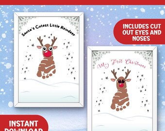 Christmas Reindeer Footprint Art, First Christmas DIY Craft, Baby Foot print Keepsake, Printable Personalized Gift Kit