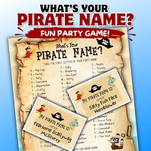 Peut inclure: Un jeu de société amusant intitulé "What's Your Pirate Name ?" présente un fond de style parchemin avec des graphiques sur le thème des pirates. Le jeu comprend une liste de noms de pirates et une carte qui révèle un nom de pirate. Le texte est clair et facile à lire.