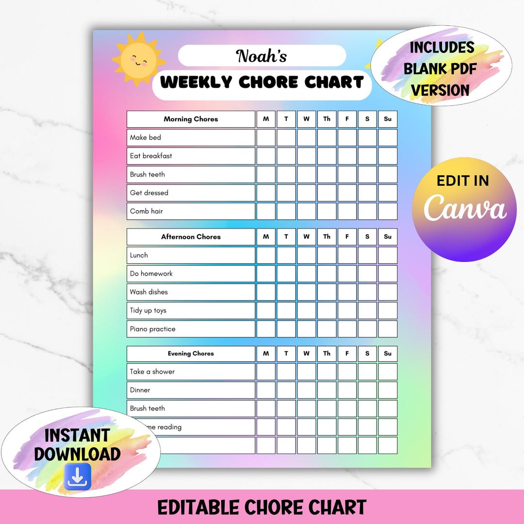 Editable Chore Chart for Kids, Daily Tasks List, Kids Reward System ...