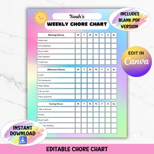 Editable Chore Chart For Kids, Daily Tasks List, Kids Reward System, Daily Tasks Checklist, Printable Chore Chart, Responsibilities List