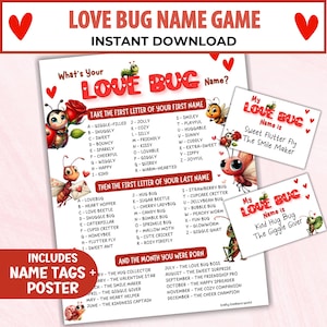 Könnte beinhalten: Ein druckbares "Love Bug Name Game" Poster und Namensschilder. Das Spiel hilft, lustige Namen mit Anfangsbuchstaben und Geburtsmonat zu erstellen. Enthält niedliche Käfer-Illustrationen und rote Herzen.