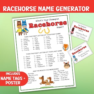 What's Your Racehorse Name Game, Horse Label Generator, Horsey Themed Birthday Party, Printable Name Tags, Instant Kids Classroom Activity