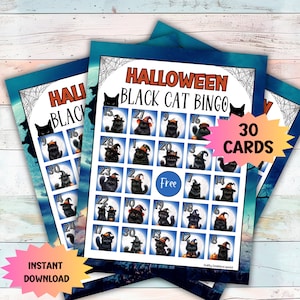 Halloween Black Cat bingospel, Lucky Black Cat leuke activiteit, spookachtig partyspel, schattige katten bingokaarten, feestelijke oktoberklas afdrukbaar
