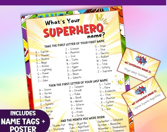 Qual é o seu nome de super-herói, jogo de festa para crianças, atividade de gerador de nomes em quadrinhos, etiquetas de nomes de heróis para impressão, download do desafio de nomenclatura de super-heróis
