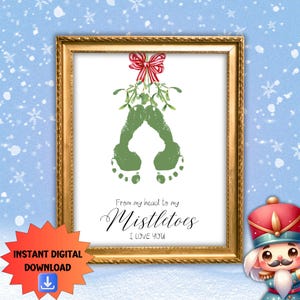 Arte con huellas de pies, actividad navideña con muérdago para niños, manualidades con tarjetas para hacer tú mismo, regalo de recuerdo para abuelos, regalo personalizado para imprimir