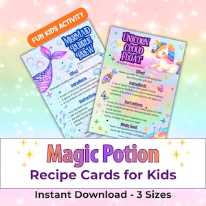 Schede di ricette per pozioni magiche stampabili per bambini, ricette di pozioni per unicorni e sirene, attività di preparazione di pozioni fantasy, gioco per feste, download immediato