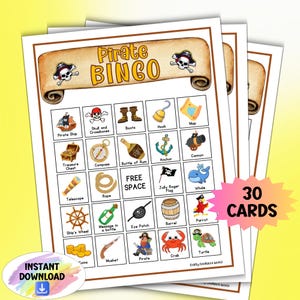 海賊ビンゴゲーム、印刷可能な子供向けパーティーアクティビティ、海賊の仮装テーマ、子供向けの誕生日パーティーゲーム、家族向けゲーム、お泊まり会の楽しい遊び