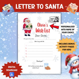 Benutzerdefinierter druckbarer Brief an Santa, Kinderbriefschreiben, Weihnachtsmalaktivitäten, Weihnachtswunschliste, personalisierter Brief