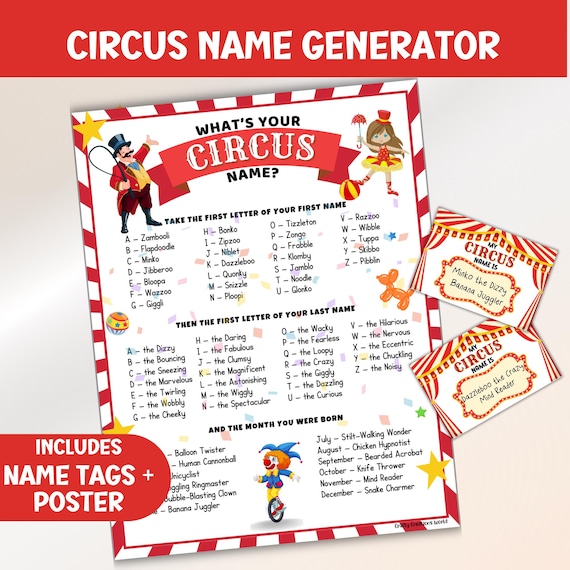 What's Your Circus Name Game For Kids, Birthday Party Carnival Name Generator, Printable  Greatest Show Tags, Big Top Instant Printable