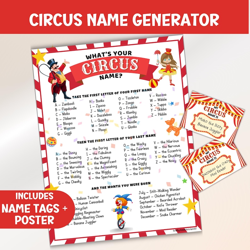 What's Your Circus Name Game For Kids, Birthday Party Carnival Name Generator, Printable Greatest Show Tags, Big Top Instant Printable image 1