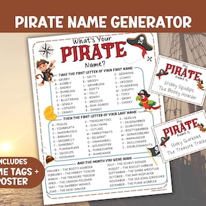 May include: A pirate-themed name generator poster with name tags. The poster features a list of words to create a pirate name based on the first letter of your first and last name, and the month you were born. Includes name tags and a poster.