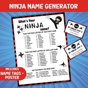 Juego de fiesta "Cuál es tu nombre ninja" para niños, generador de etiquetas de fantasía, etiquetas imprimibles para guerreros, descarga de insignias de artes marciales