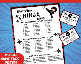 Whats Your Ninja Name Party Game For Kids, Fantasy Label Generator Activity, Printable Warrior Name Tags, Martial arts Badge Download