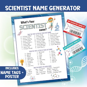 Whats Your Scientist Name Party Game For Kids, Science Name Generator Activity, Printable Scientist Name Tags, Science ID Badge Download