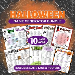 May include: A Halloween name generator bundle featuring 10 printed game sheets with themes like witch, wizard, clown, werewolf, vampire, skeleton, scarecrow, zombie, ghost, and Halloween. The collection includes name tags and posters.