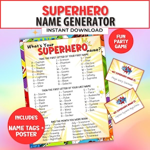 May include: Superhero Name Generator poster with a fun party game theme. The poster includes lists for first names, last names, and birth months to create unique superhero names. Includes name tags.