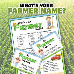 May include: A fun, colorful game titled "What's Your Farmer Name?" features a list of farmer names based on the first letter of your name and birth month. The game includes illustrations of a farmer and a red truck.