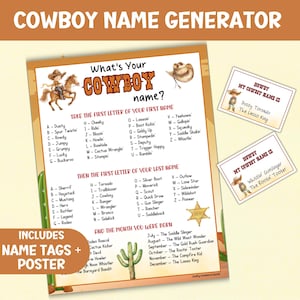 Gioco per bambini "Qual è il tuo nome da cowboy?", Generatore di nomi del Far West, Etichette con nomi western stampabili, Sfida di nomi da rodeo da scaricare