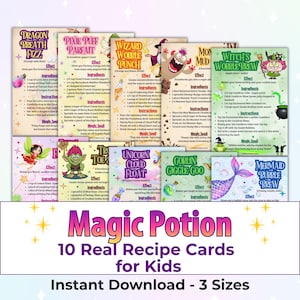 Könnte beinhalten: Zehn Rezeptkarten für Kinder mit farbenfrohen Illustrationen und Anleitungen zur Herstellung magischer Tränke. Die Karten enthalten Rezepte wie Dragon Breath Fizz und Mermaid Bubble Brew. Der Text "Magic Potion" und "Instant Download - 3 Sizes" ist ebenfalls sichtbar.