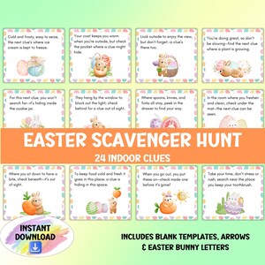 Búsqueda del tesoro de huevos de Pascua para imprimir, tarjetas de pistas para la búsqueda del tesoro en interiores, búsqueda y hallazgo del conejito de Pascua para niños, juego de desafío de escondite
