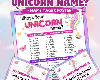 Whats Your Unicorn Name Party Game For Kids, Fantasy Label Generator Activity, Printable Magical Name Tags, Mythical Creature Badge Download
