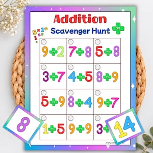 Könnte beinhalten: Ein farbenfrohes Addition Scavenger Hunt Arbeitsblatt mit einem Raster aus zwölf Matheaufgaben und animierten Pluszeichen. Die Seite enthält den Text Addition Scavenger Hunt sowie zwei separate quadratische Karten mit den Zahlen 8 und 14.