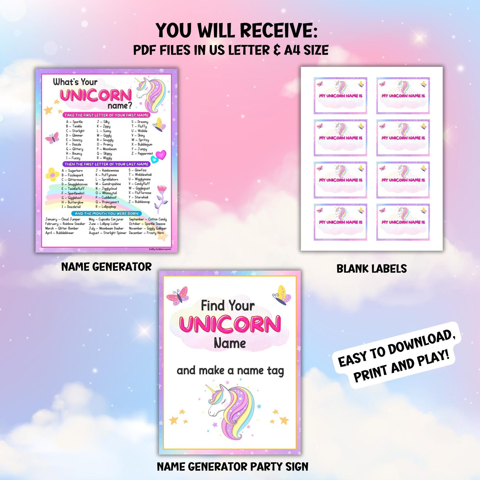Whats Your Unicorn Name Party Game for Kids, Fantasy Label Generator ...