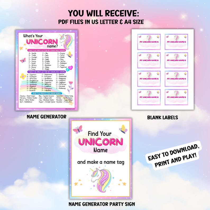 Whats Your Unicorn Name Party Game for Kids, Fantasy Label Generator ...