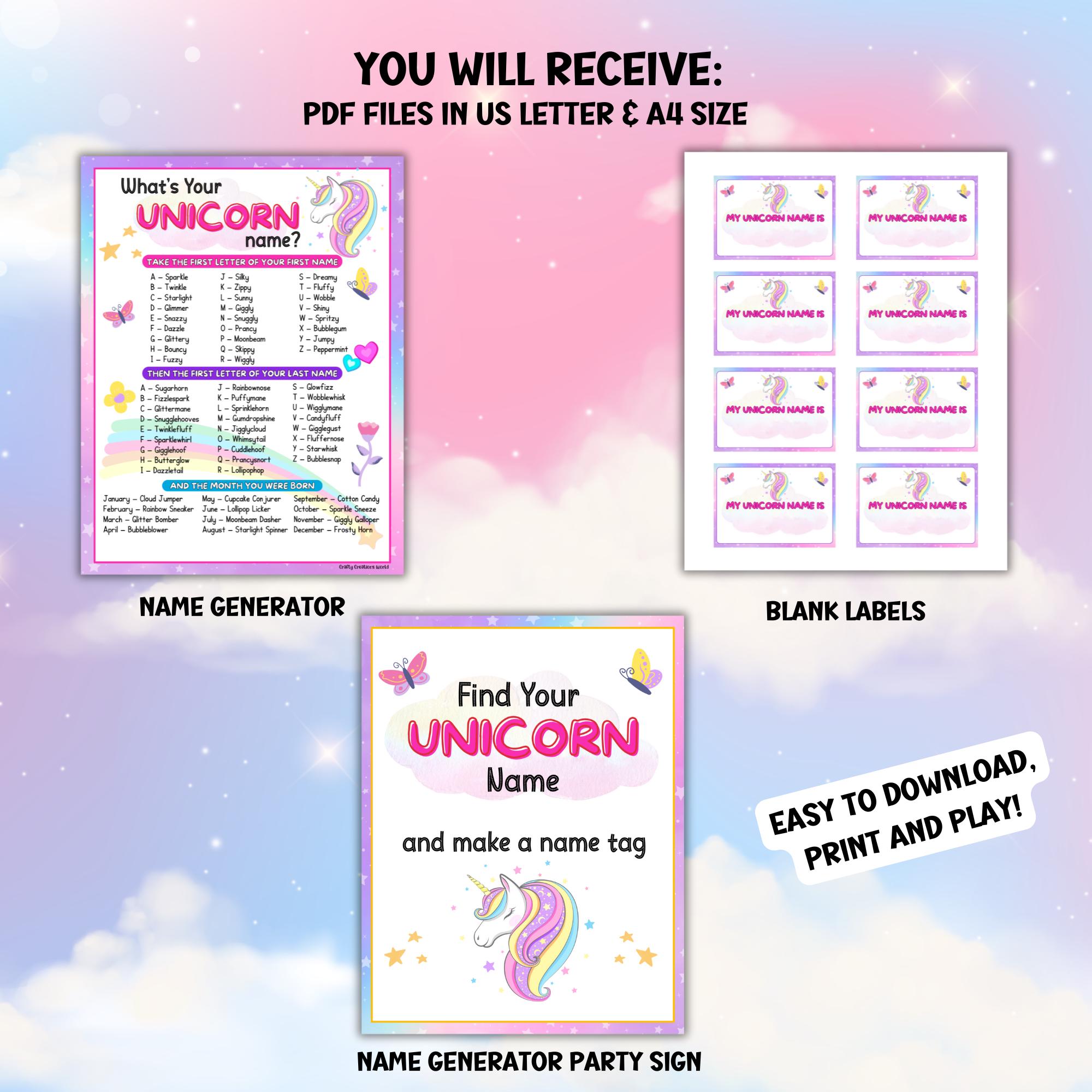 Whats Your Unicorn Name Party Game for Kids, Fantasy Label Generator ...