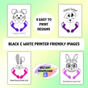 イースターバニーの足跡アートバンドル、白黒プリンター対応の子供向けアクティビティ、春の印刷可能な工芸品、初めてのイースターの新生児の記念品