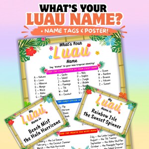 Op de afbeelding: Een kleurrijke poster met de tekst "What's Your Luau Name?" en "Name Tags & Poster!" in een tropisch thema. Bevat een tabel om je Luau-naam te vinden op basis van je voornaam en geboortemaand. Bevat ook twee naamlabels.