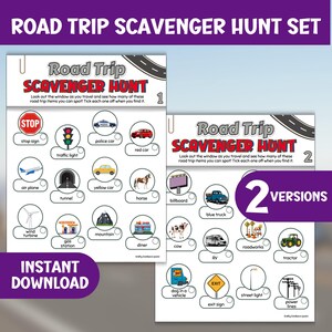 Afdrukbare roadtrip-speurtochten voor kinderen, zomervakantie-activiteit, tracker en checklistspel, reizen zoeken en vinden avontuur downloaden