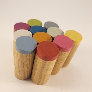 May include: A set of 12 wooden cylinders with colourful tops. The cylinders are arranged in a circle with the tops facing up. The colours of the tops are red, orange, yellow, green, blue, purple, white, grey, pink, and brown.