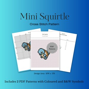 Könnte beinhalten: Ein Kreuzstichmuster für ein Mini-Squirtle, ein blaues Pokémon-Charakter. Das Muster enthält zwei PDF-Dateien mit farbigen und schwarz-weißen Symbolen. Der Designbereich ist 21 Stiche breit und 17 Stiche hoch.